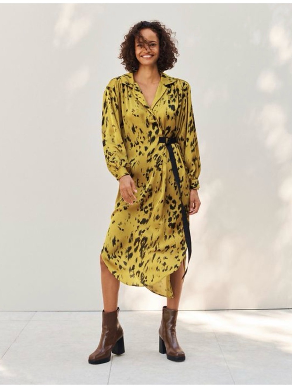 NEXT Mustard Animal-Print Satin Wrap Dress